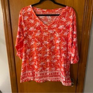 Casey Key Flamingo Print V-Neck 3/4 Sleeve Top
